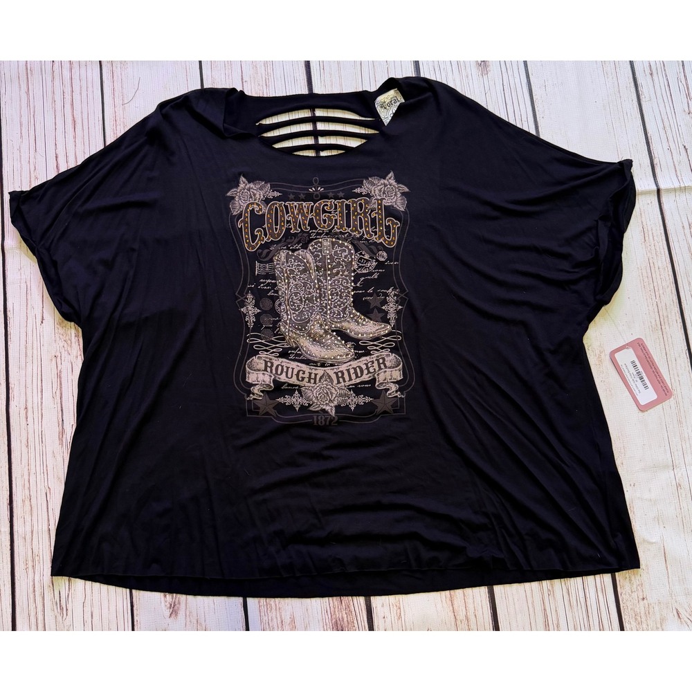 Vocal USA Cowgirl Rough Rider Rhinestone Cutout Back Top Black 3XL Western